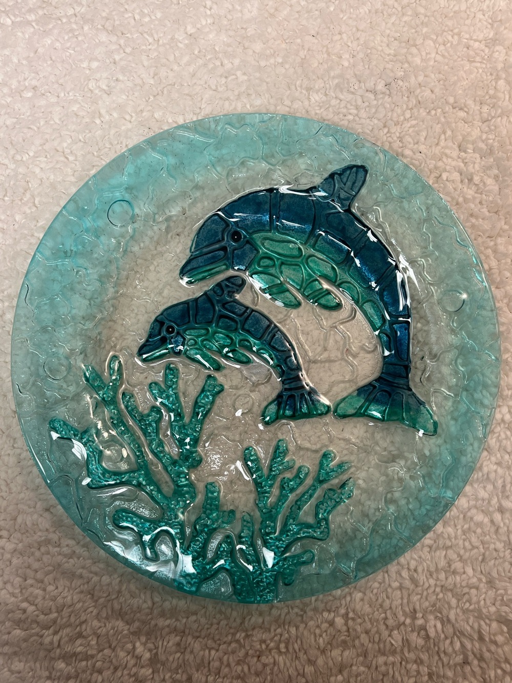 BI Handcrafted Aqua Teal Glass Dolphins Serving Plate
